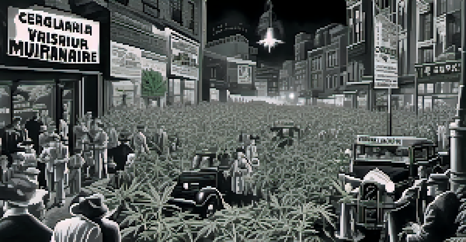 A 1930s propaganda poster illustrating negative stereotypes about marijuana in a dark urban setting.