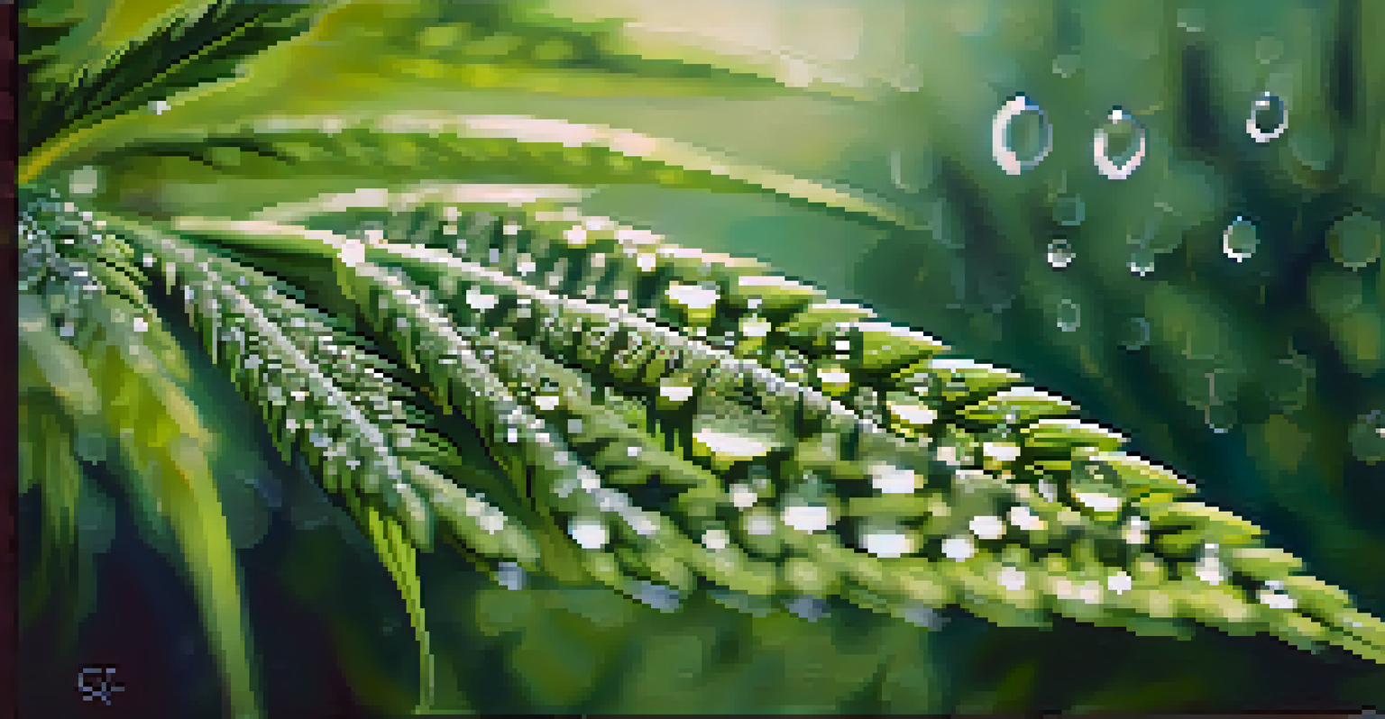 Close-up of a cannabis leaf with dewdrops in a garden.