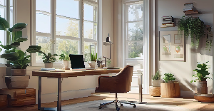 A bright home office with a laptop showing a digital health app, surrounded by greenery and natural light.