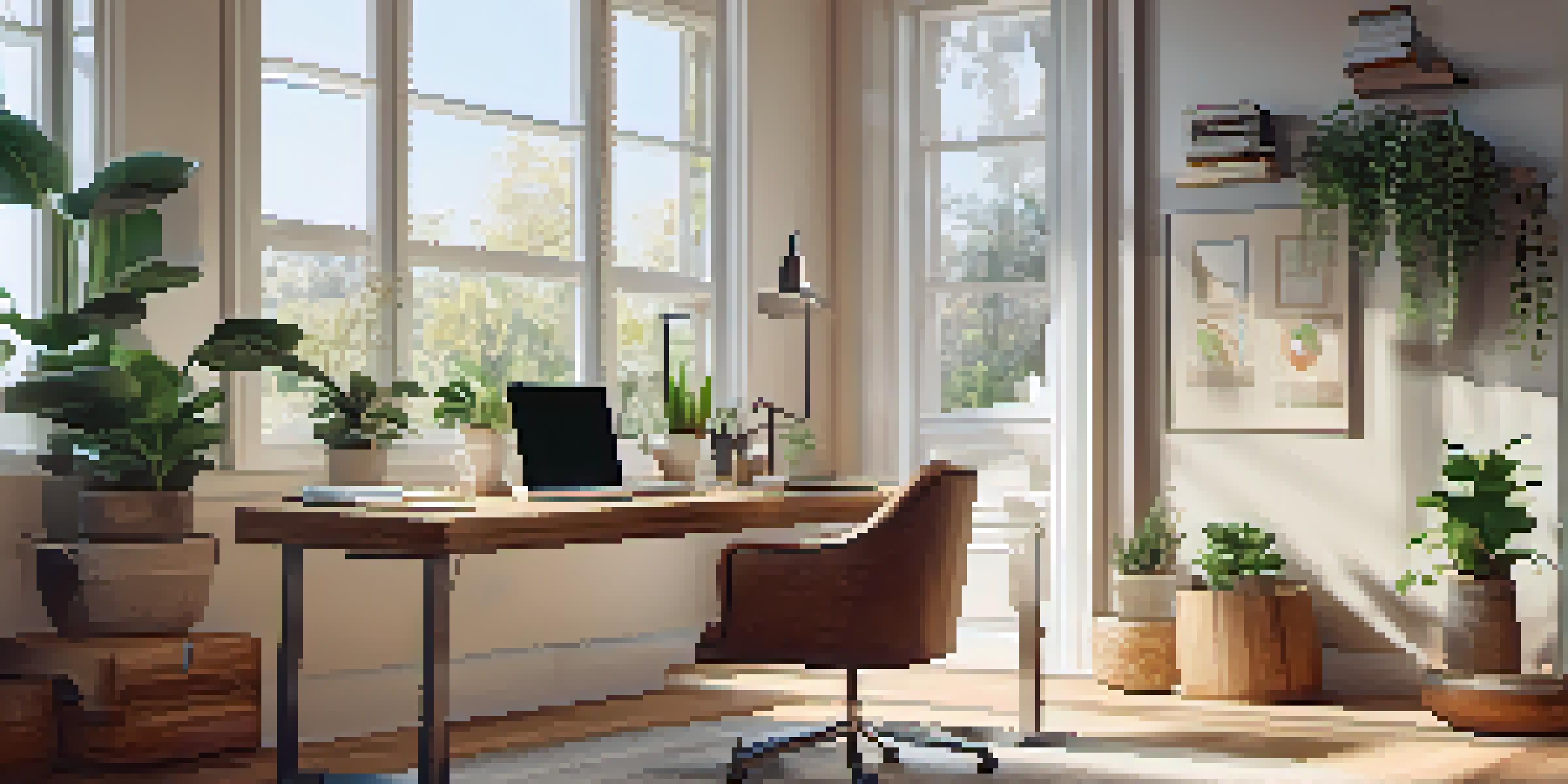 A bright home office with a laptop showing a digital health app, surrounded by greenery and natural light.