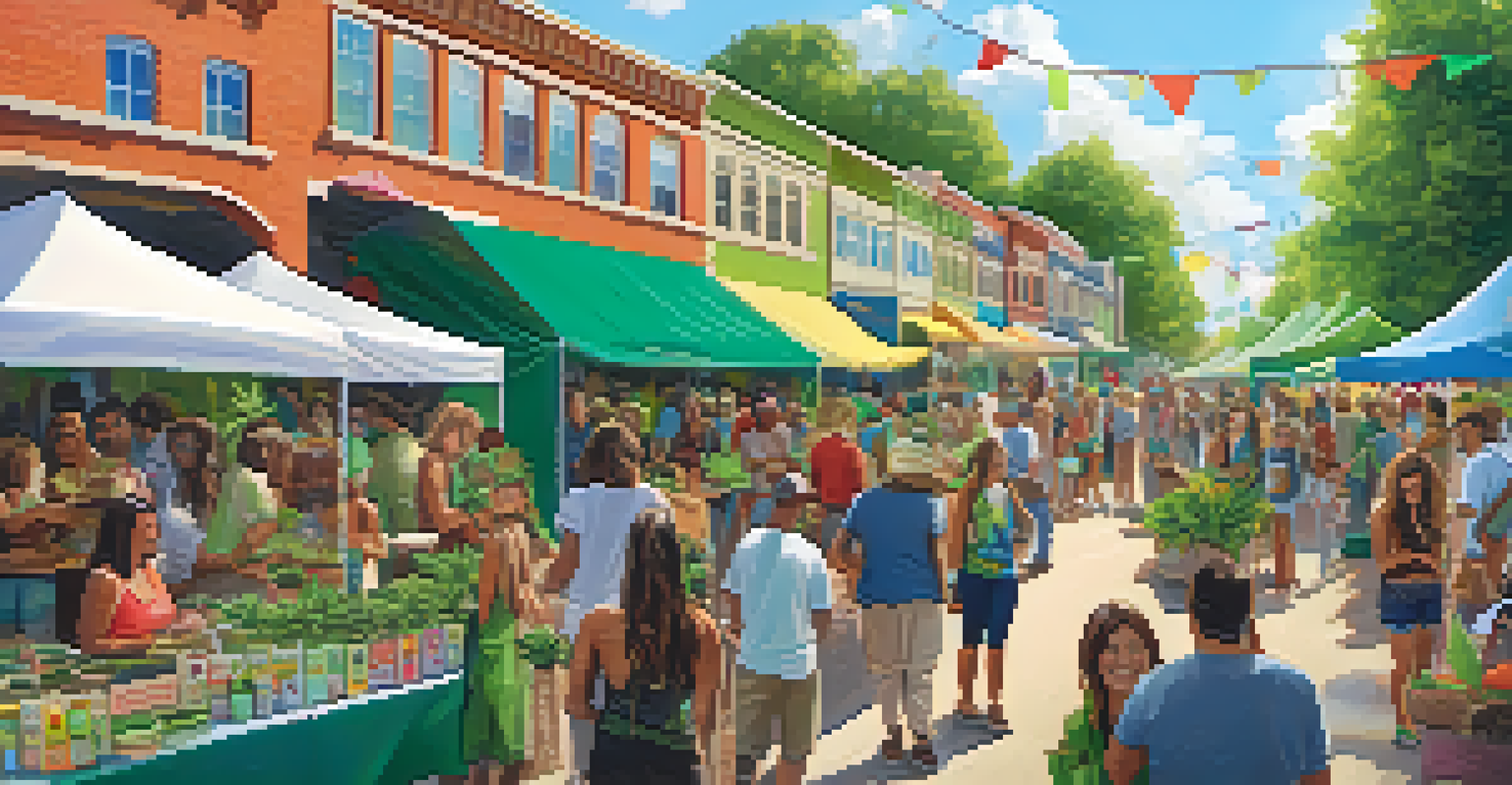 A community event outside a marijuana dispensary with artisans, food sampling, and a lively crowd.