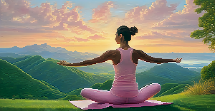 A person practicing yoga on a green hilltop at sunrise, bathed in soft golden light with a colorful sky.