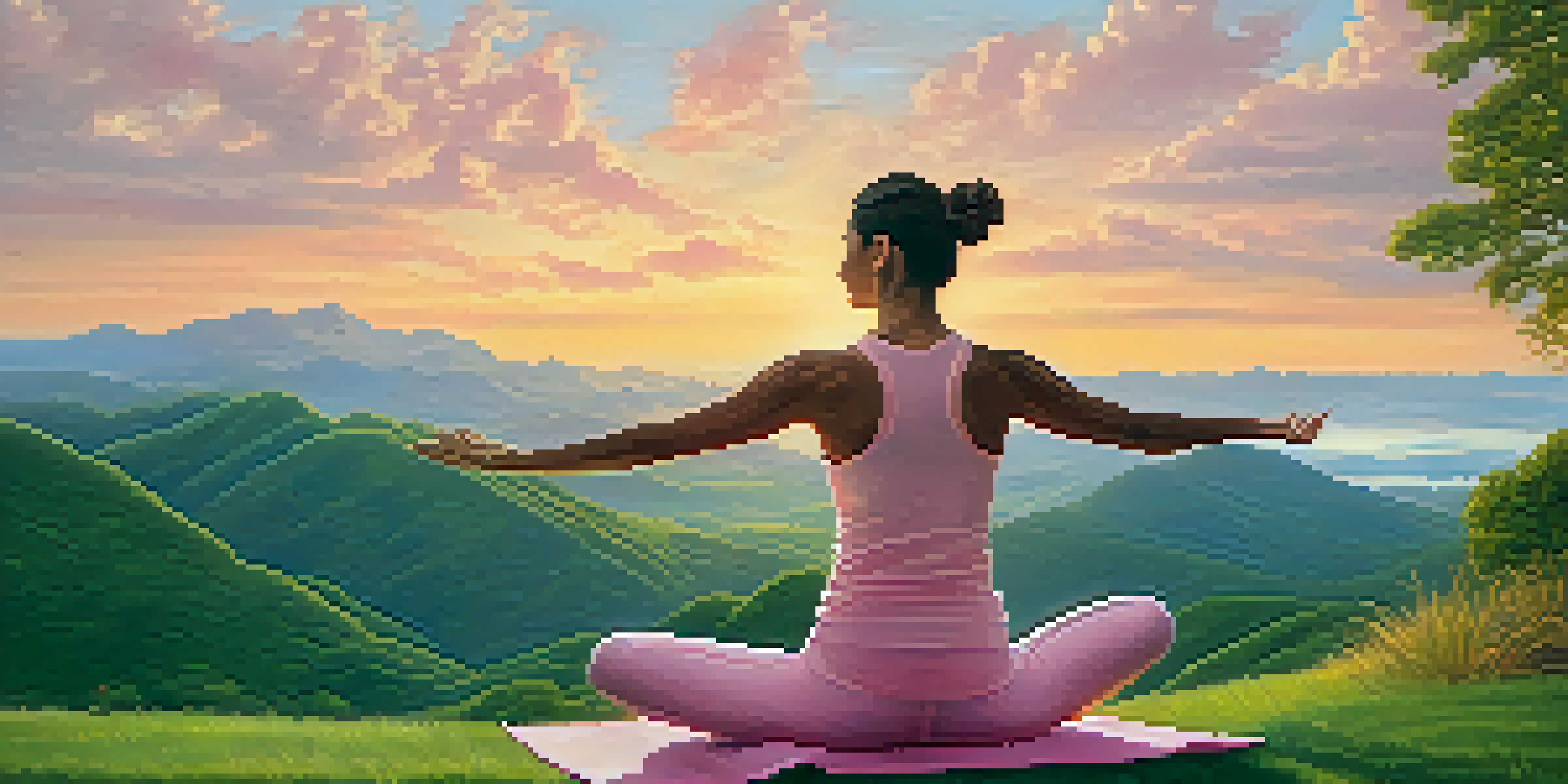 A person practicing yoga on a green hilltop at sunrise, bathed in soft golden light with a colorful sky.