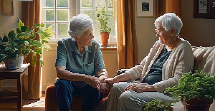 A caregiver holding the hand of an elderly person in a warm, sunlit room, symbolizing support and care for Alzheimer's patients.