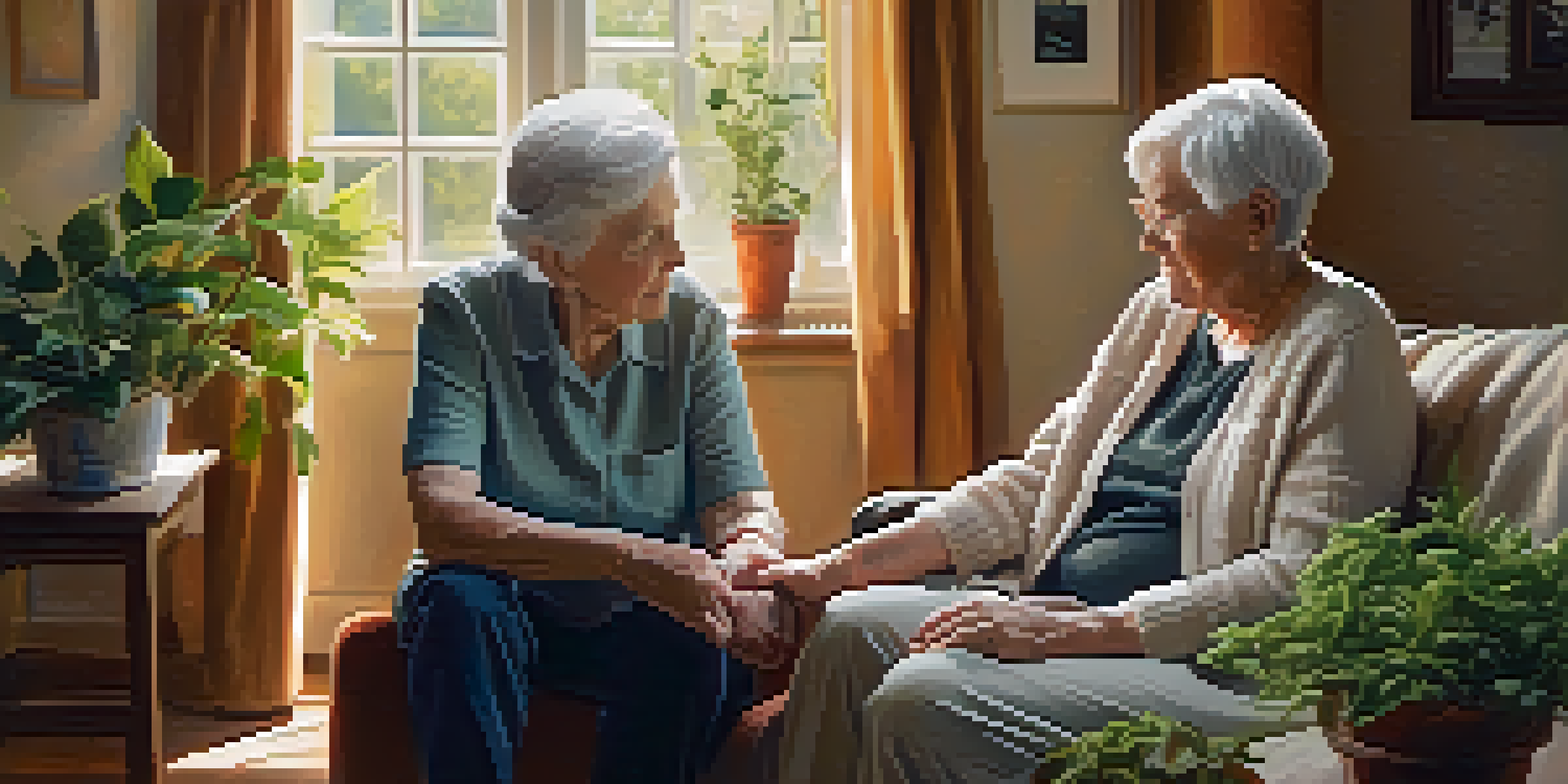 A caregiver holding the hand of an elderly person in a warm, sunlit room, symbolizing support and care for Alzheimer's patients.