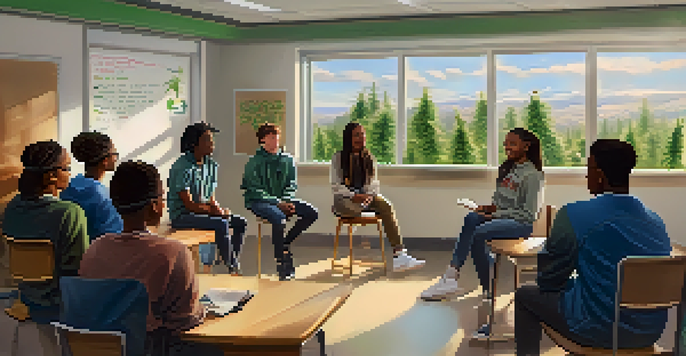 A diverse group of high school students participating in a classroom discussion about marijuana education, with a teacher guiding the conversation and a whiteboard filled with information.