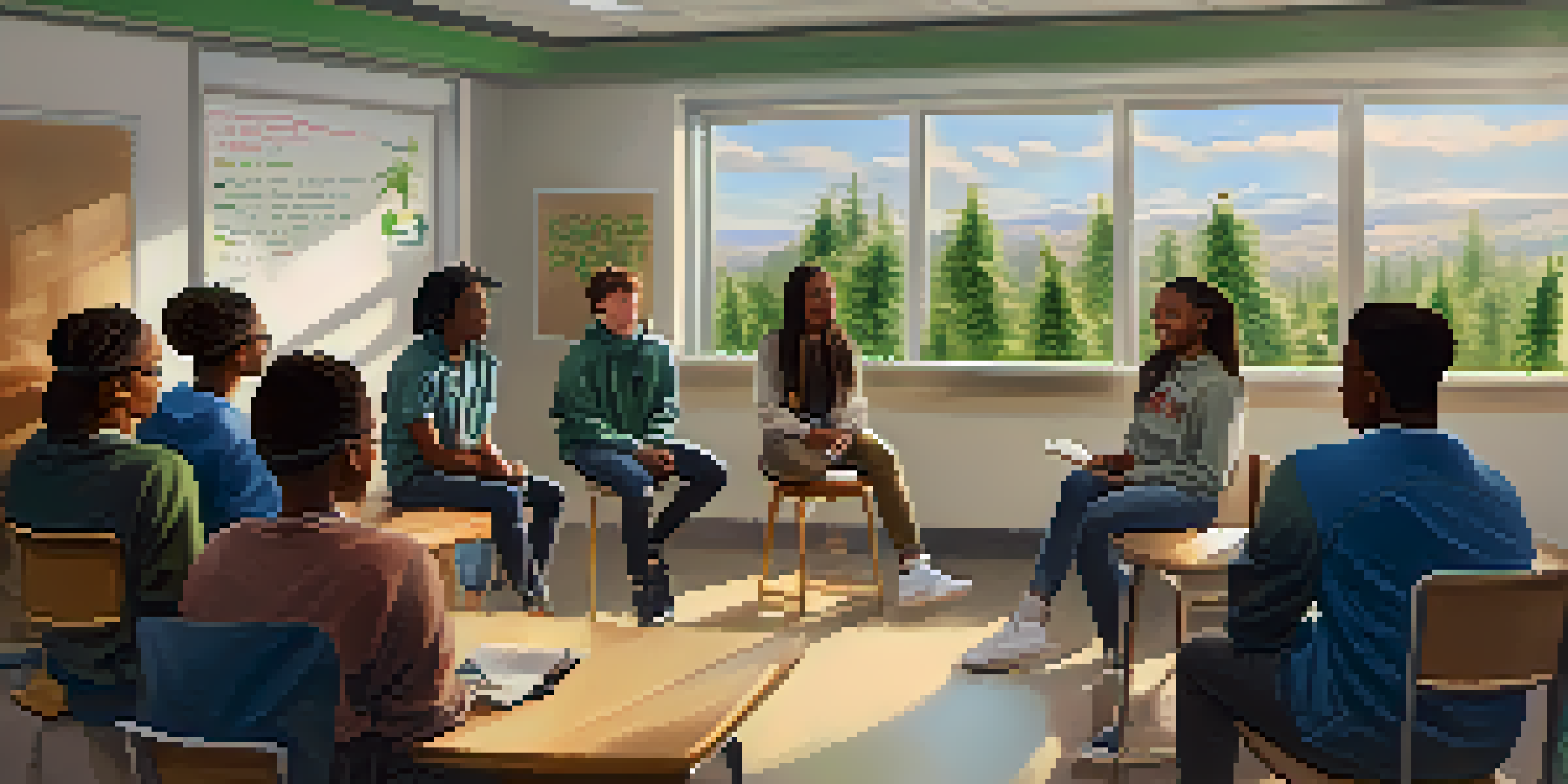 A diverse group of high school students participating in a classroom discussion about marijuana education, with a teacher guiding the conversation and a whiteboard filled with information.