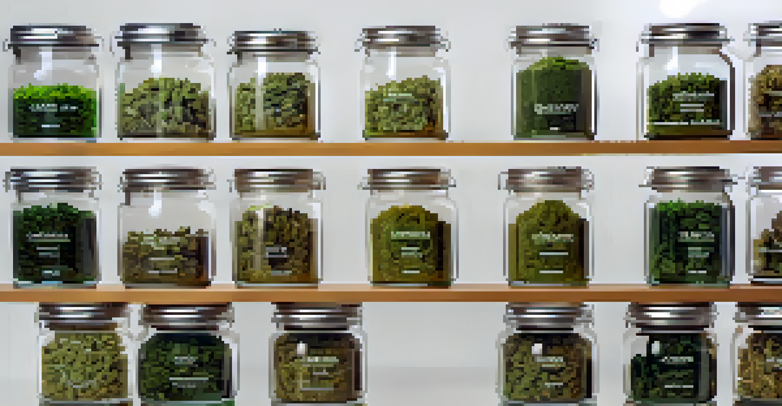Various cannabis strains in glass jars, each labeled, showcasing different textures and colors of the buds.