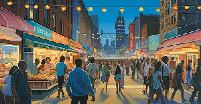 A vibrant city street at dusk filled with people walking and biking, food trucks, and illuminated street lamps against a skyline.