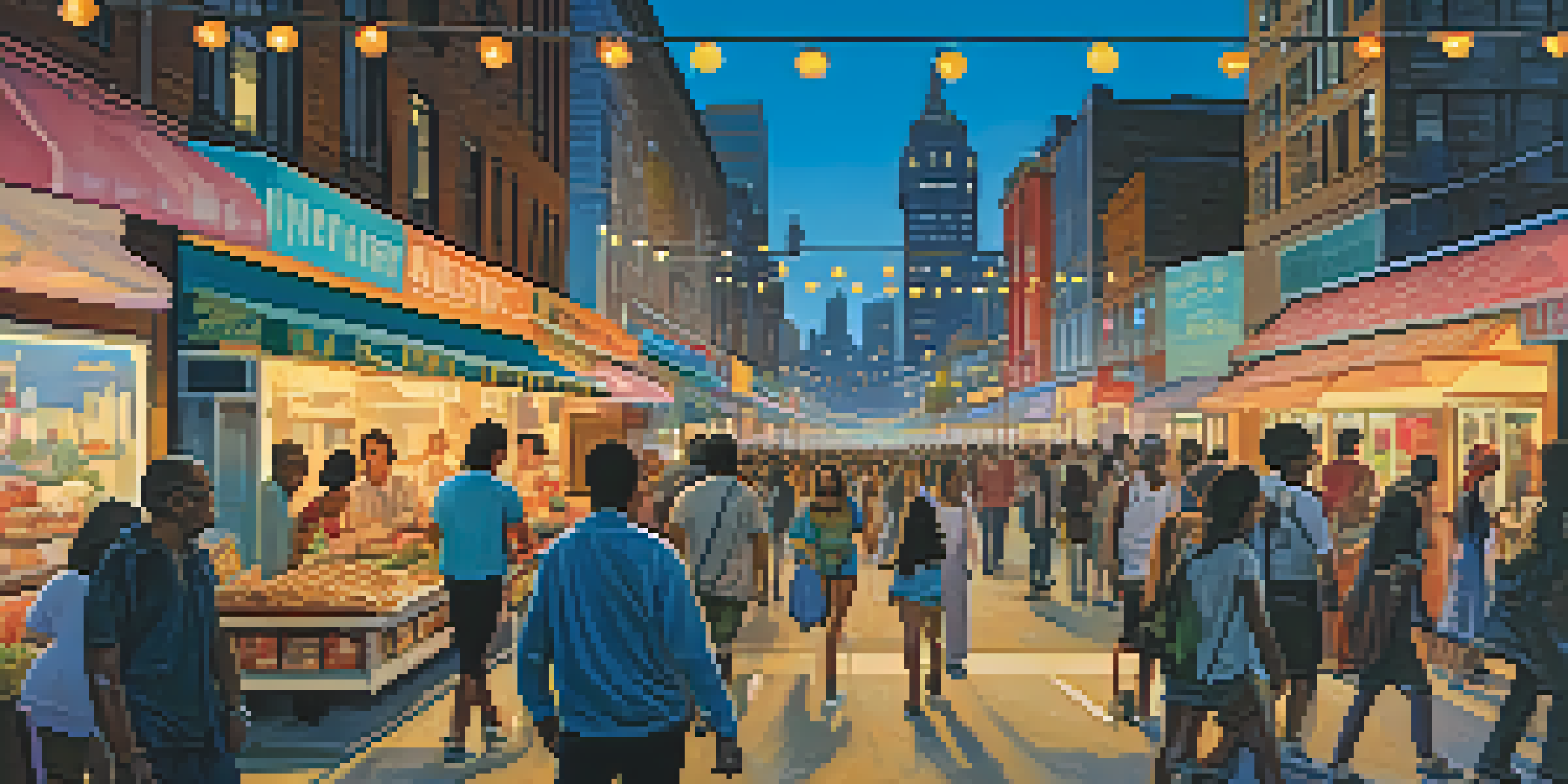 A vibrant city street at dusk filled with people walking and biking, food trucks, and illuminated street lamps against a skyline.
