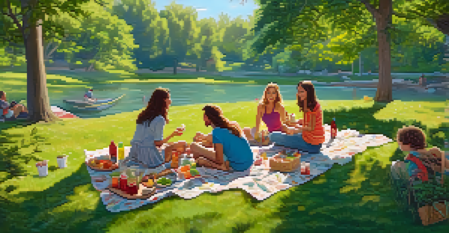 A peaceful park picnic scene with friends enjoying cannabis-infused snacks and drinks on a blanket, surrounded by greenery and colorful flowers.