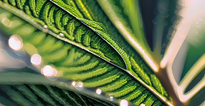 A close-up view of a cannabis leaf with sunlight filtering through, showing its vibrant green color and dewdrops.