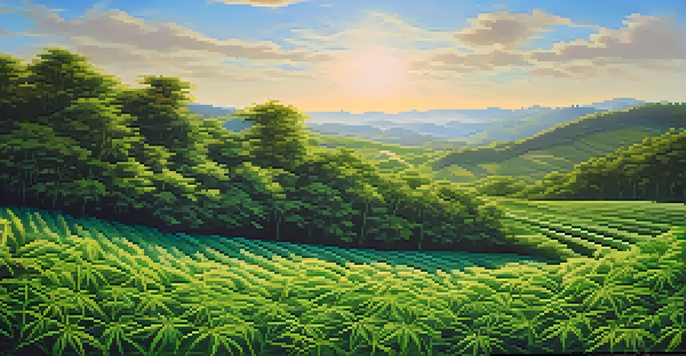 A field of green hemp plants under a clear blue sky, with distant hills in the background.