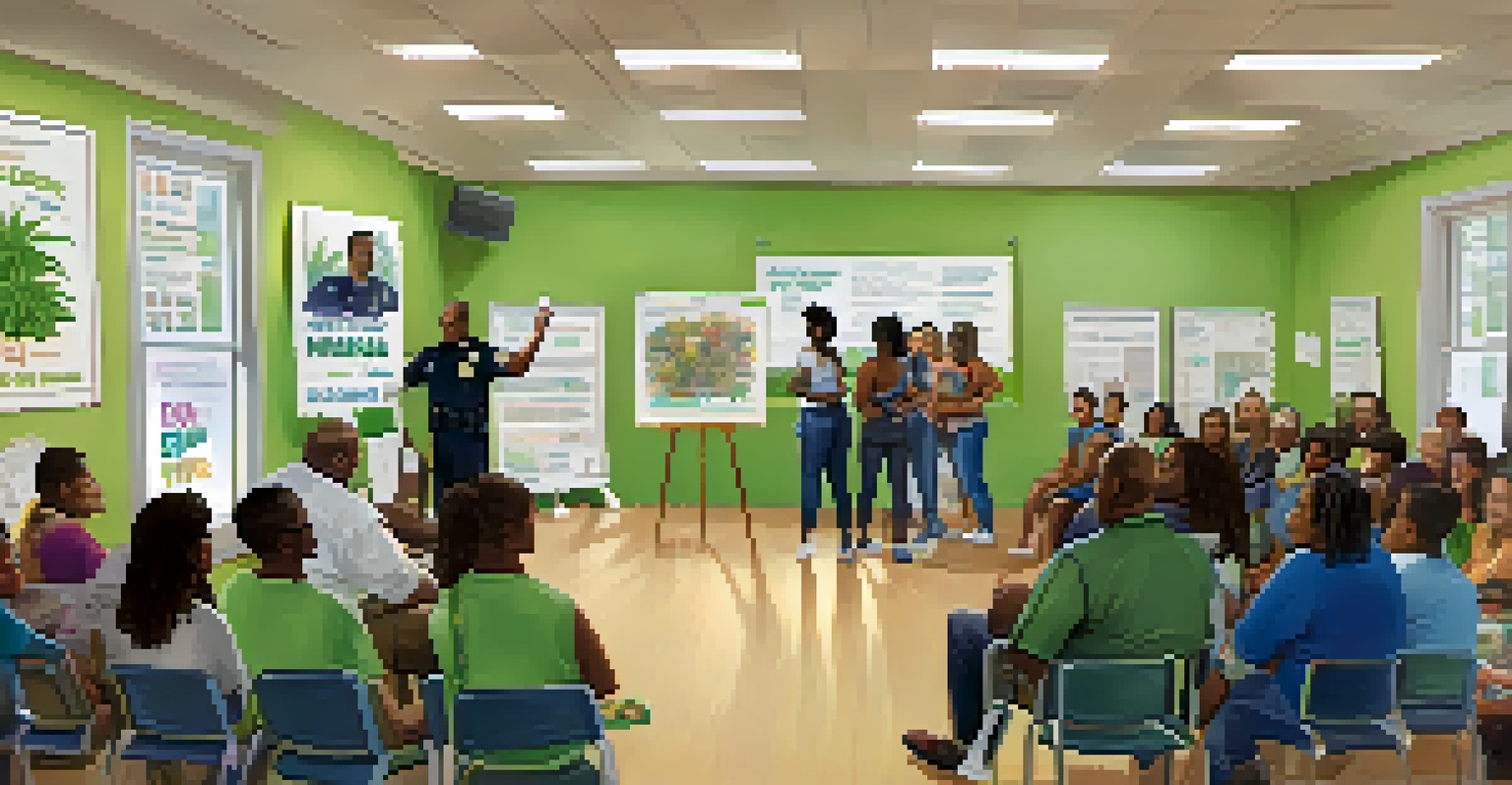 A police officer leading an educational workshop on marijuana laws with engaged community members in a bright community center.