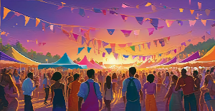 A lively outdoor music festival during sunset with colorful tents, dancing people in bohemian clothes, and a warmly lit stage.