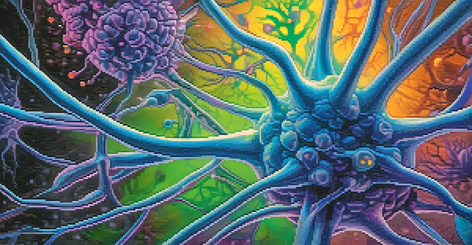 An abstract representation of cannabinoids interacting with brain cells in vibrant colors.