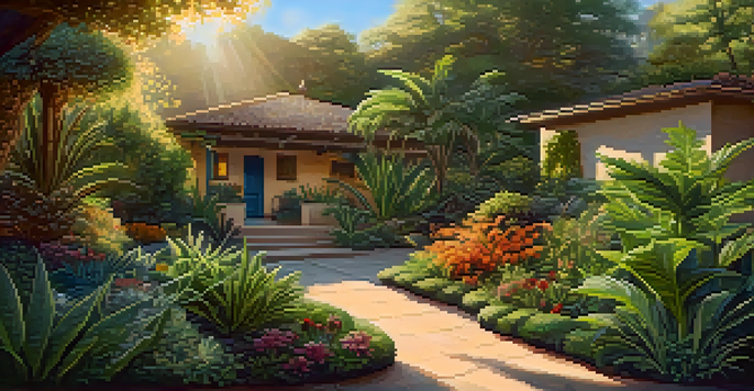 A peaceful garden with medicinal plants, including cannabis, illuminated by the warm light of sunset.