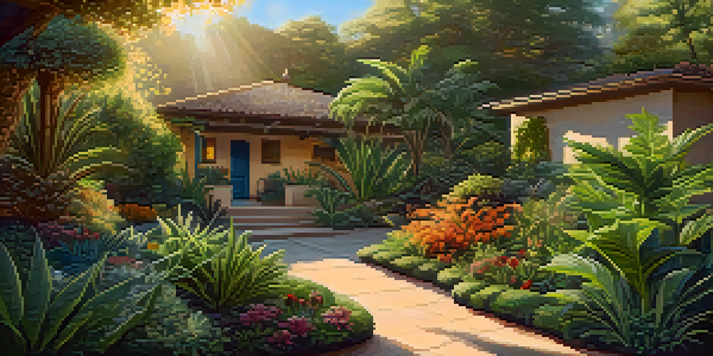 A peaceful garden with medicinal plants, including cannabis, illuminated by the warm light of sunset.