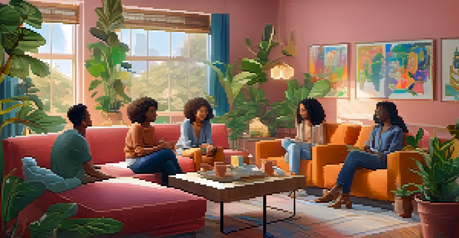 A cozy virtual gathering space with avatars engaged in conversation in a warmly lit room filled with artwork and plants.