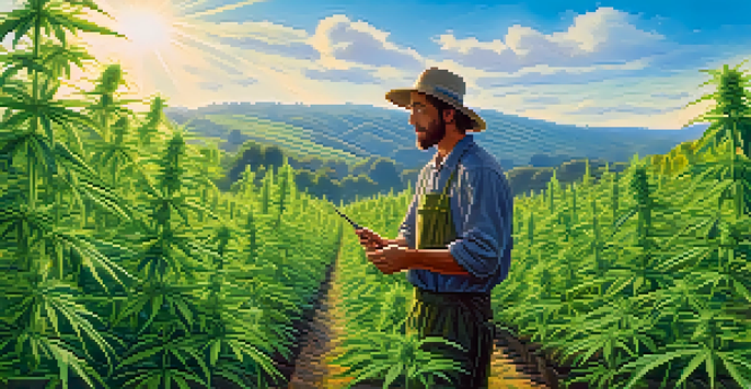 A vibrant outdoor cannabis farm with healthy green plants and a farmer tending to them under a bright blue sky.