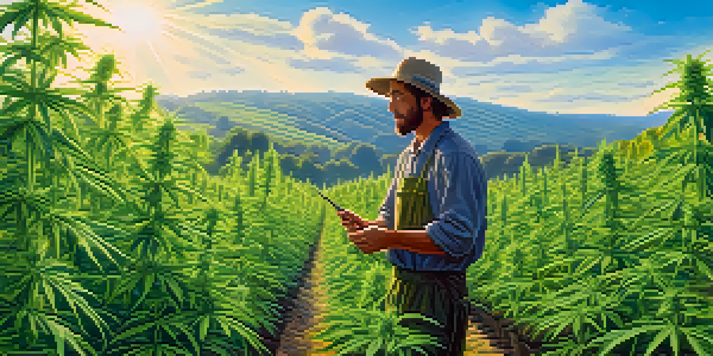 A vibrant outdoor cannabis farm with healthy green plants and a farmer tending to them under a bright blue sky.