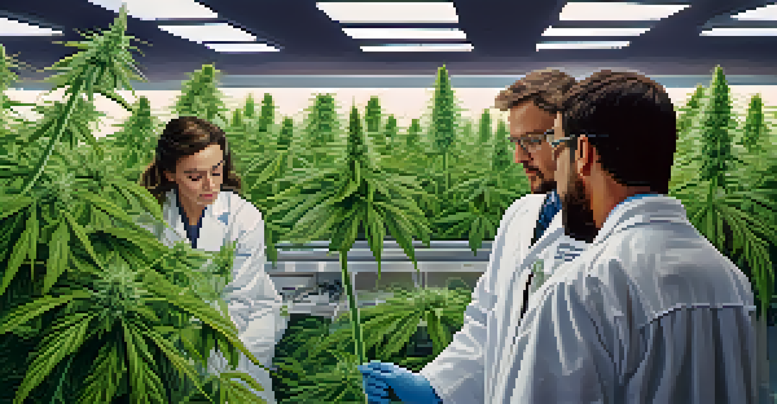 A close-up of a cannabis plant with detailed leaves and buds, in a laboratory setting with researchers in the background.