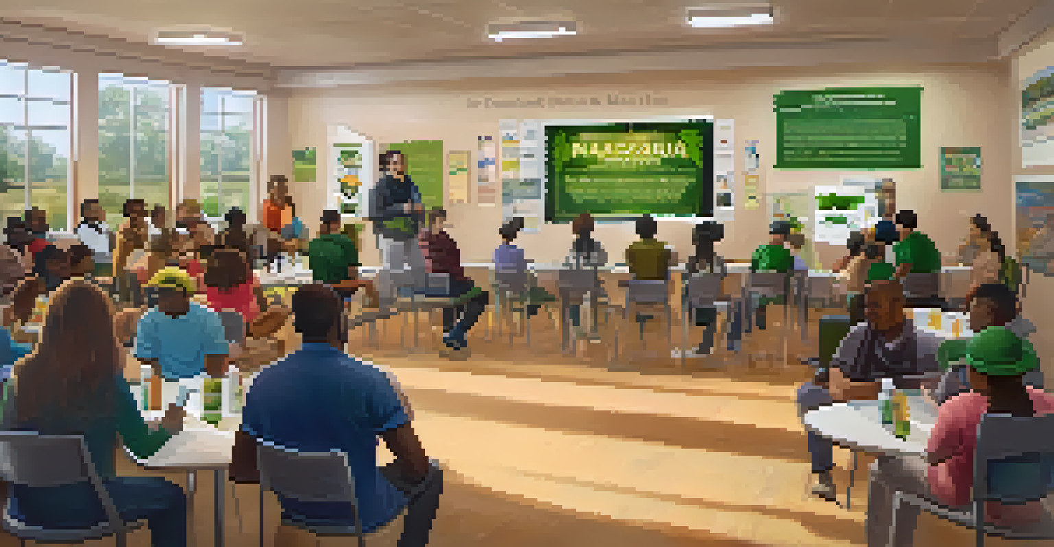 A community workshop with a speaker presenting information about marijuana benefits, attended by engaged individuals in a cozy setting.