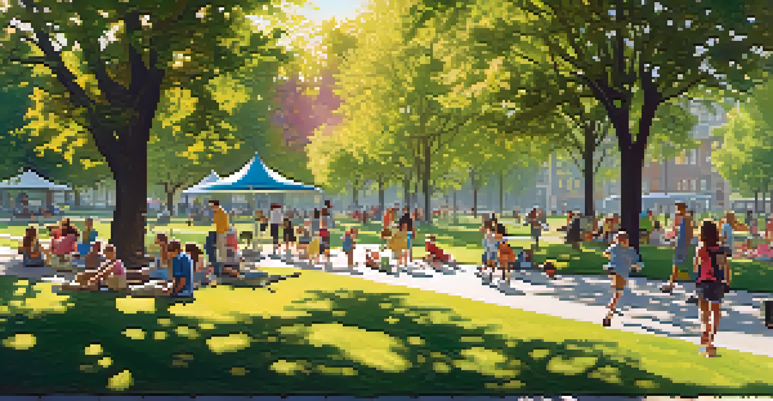 A lively urban park filled with people enjoying the outdoors, featuring children playing and couples picnicking under the sun.