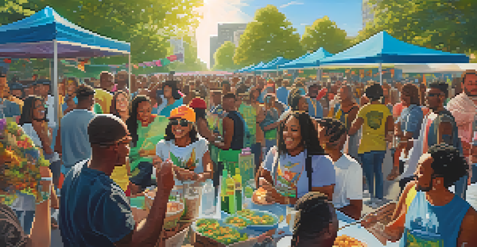 A diverse group of people celebrating marijuana legalization in a park, with colorful banners and food stalls.