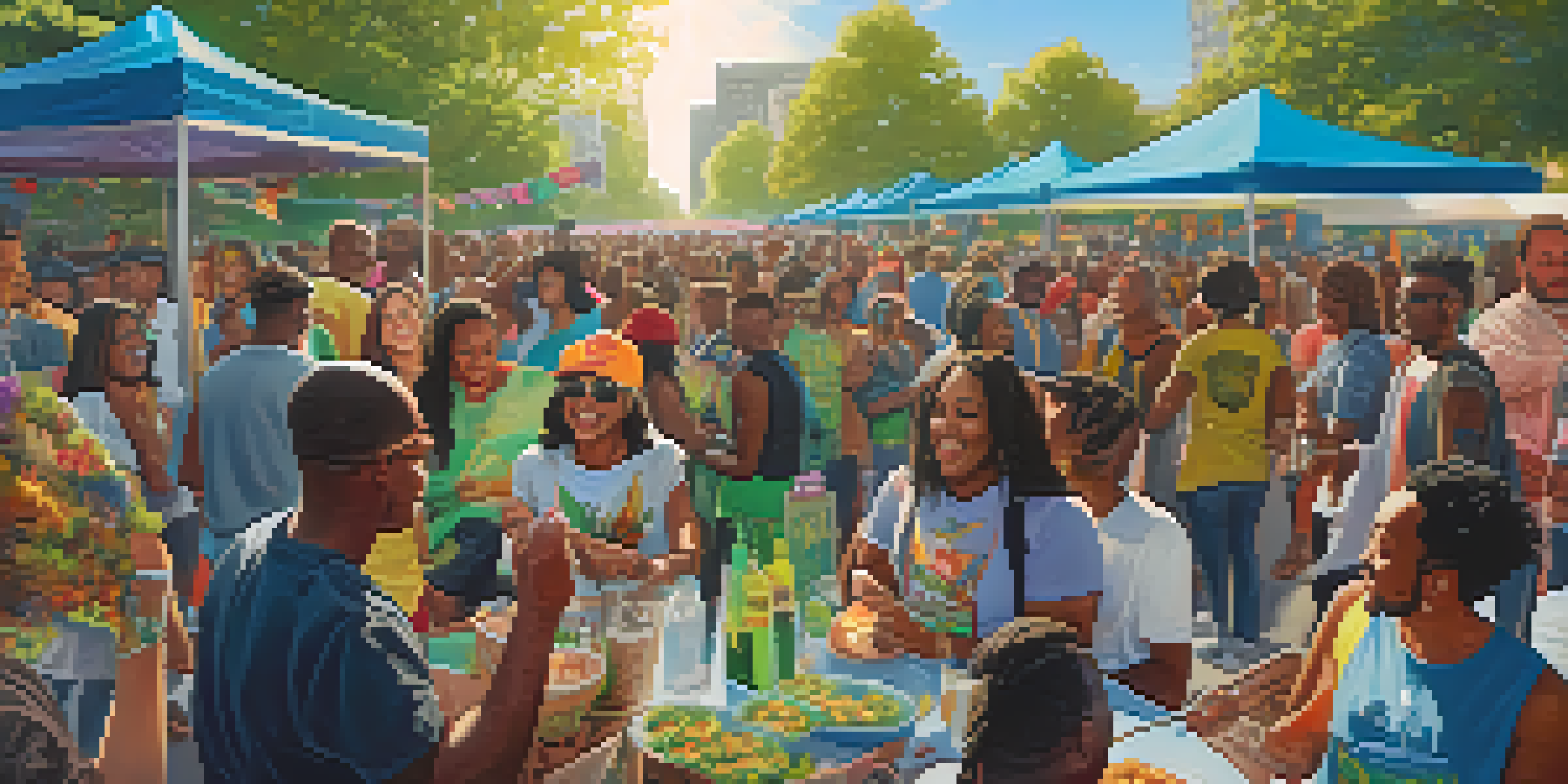 A diverse group of people celebrating marijuana legalization in a park, with colorful banners and food stalls.