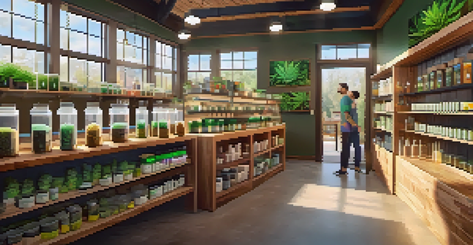 A colorful cannabis shop with a variety of products on shelves and a friendly shopkeeper assisting a customer in a well-lit space.