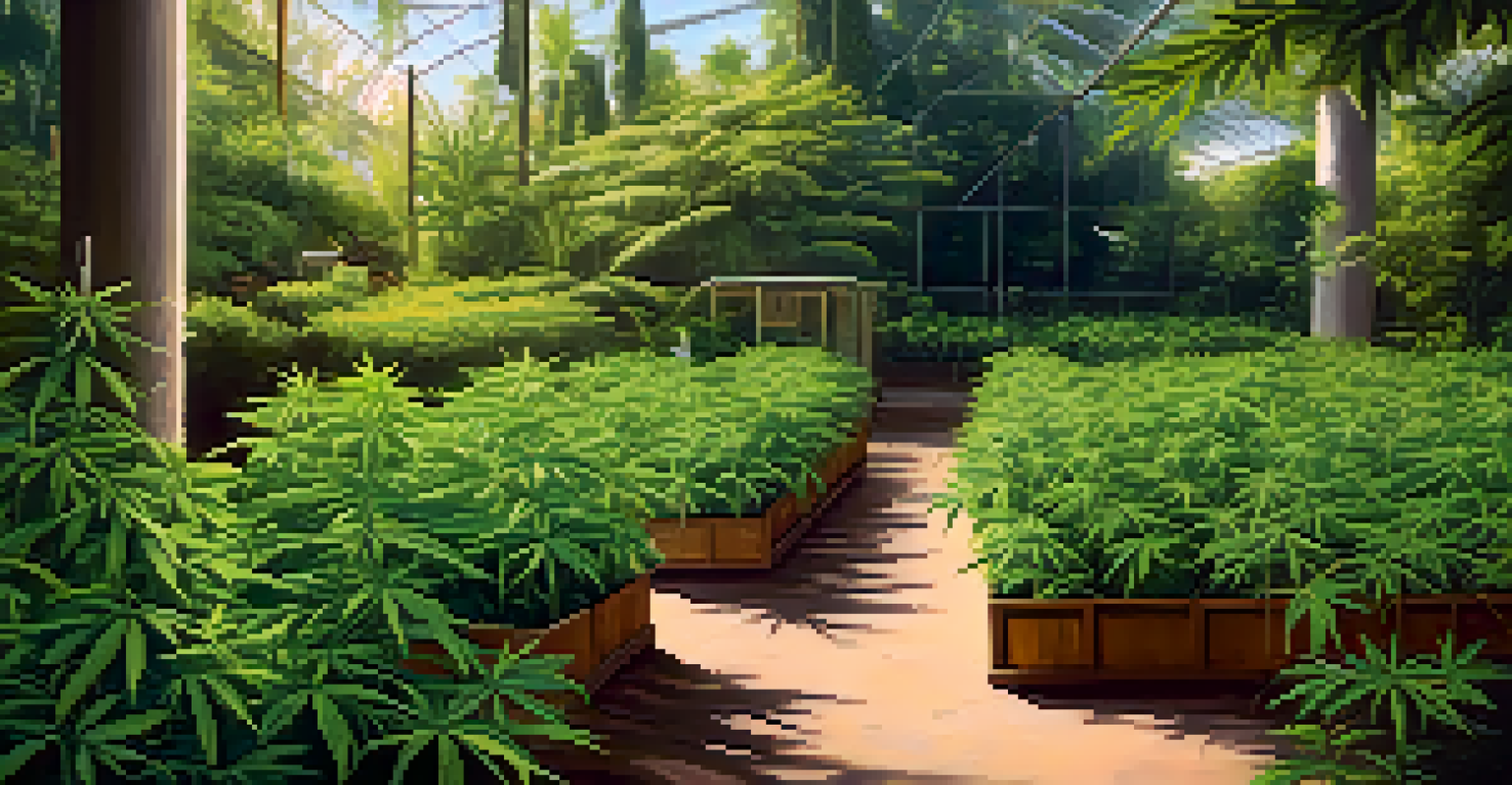 A close-up of healthy, ethically sourced cannabis plants in a garden with a sign indicating organic and sustainable practices.