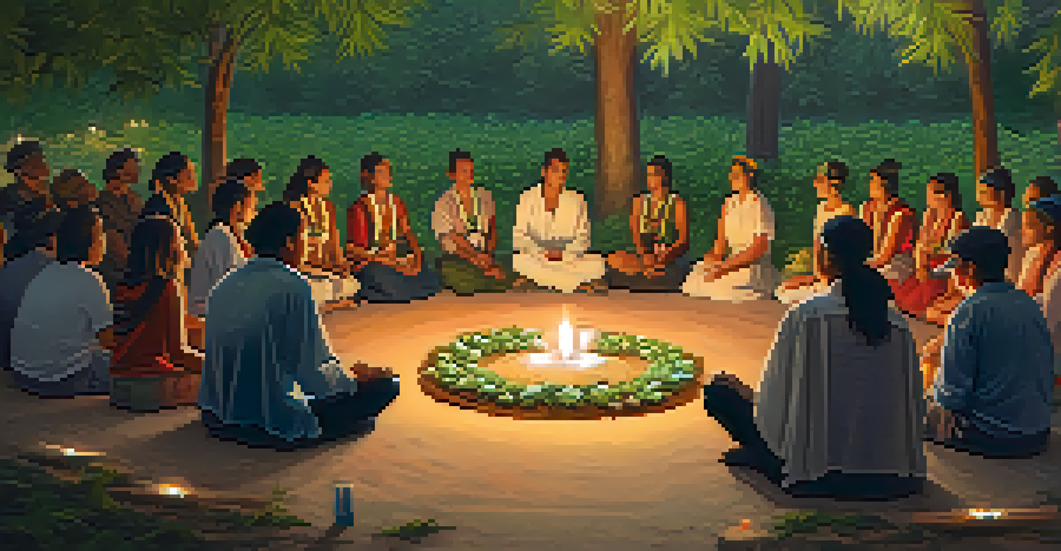A serene ceremonial gathering in nature, with participants seated in a circle around an altar featuring cannabis leaves.