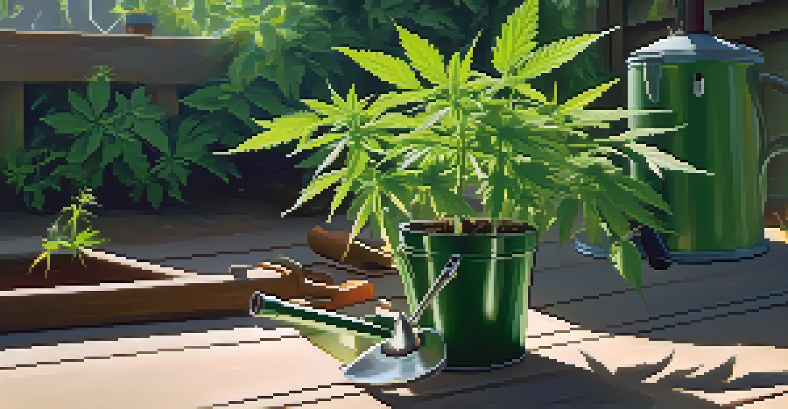 A close-up of a healthy cannabis plant in a garden, with sunlight filtering through the leaves and gardening tools nearby.