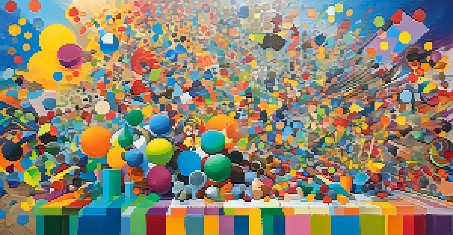 An abstract art piece filled with vibrant colors and shapes, created during a group art session, with hints of the art studio in the background.