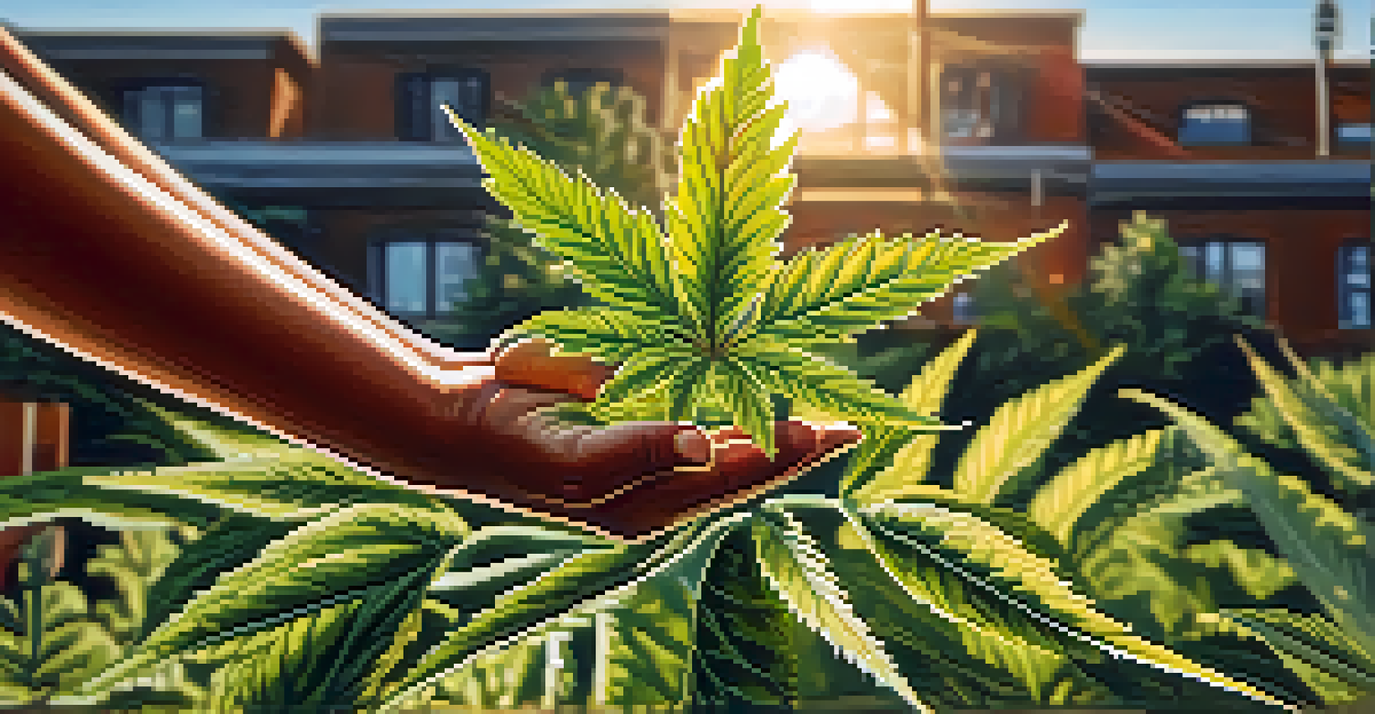 Close-up of hands holding a cannabis plant in a community garden, symbolizing social justice and growth.