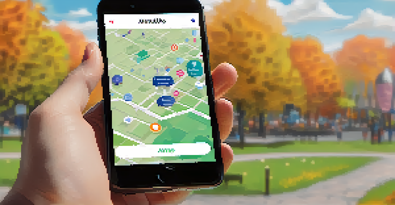 A smartphone showing a mental health app in a peaceful park setting.