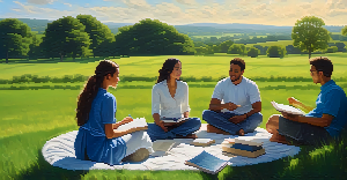 A diverse group of people sitting in a circle on a green field, discussing health and wellness under a clear blue sky.