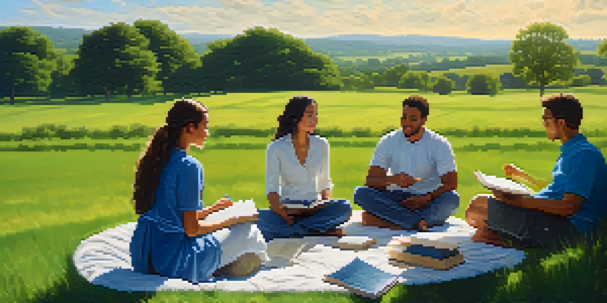 A diverse group of people sitting in a circle on a green field, discussing health and wellness under a clear blue sky.