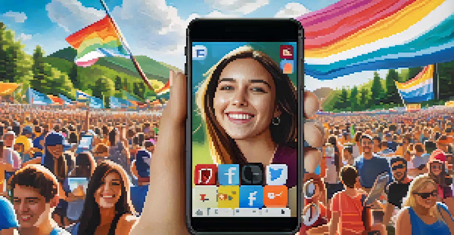 A close-up of a smartphone displaying a social media feed filled with colorful images of friends engaging in activities.