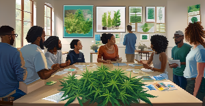 A diverse group of individuals in a community workshop discussing medical marijuana, with educational materials and plants present.