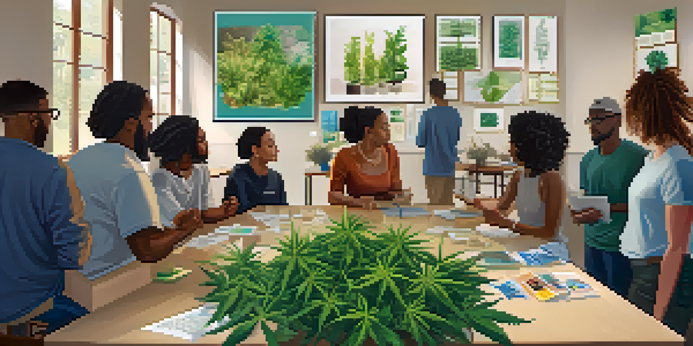 A diverse group of individuals in a community workshop discussing medical marijuana, with educational materials and plants present.