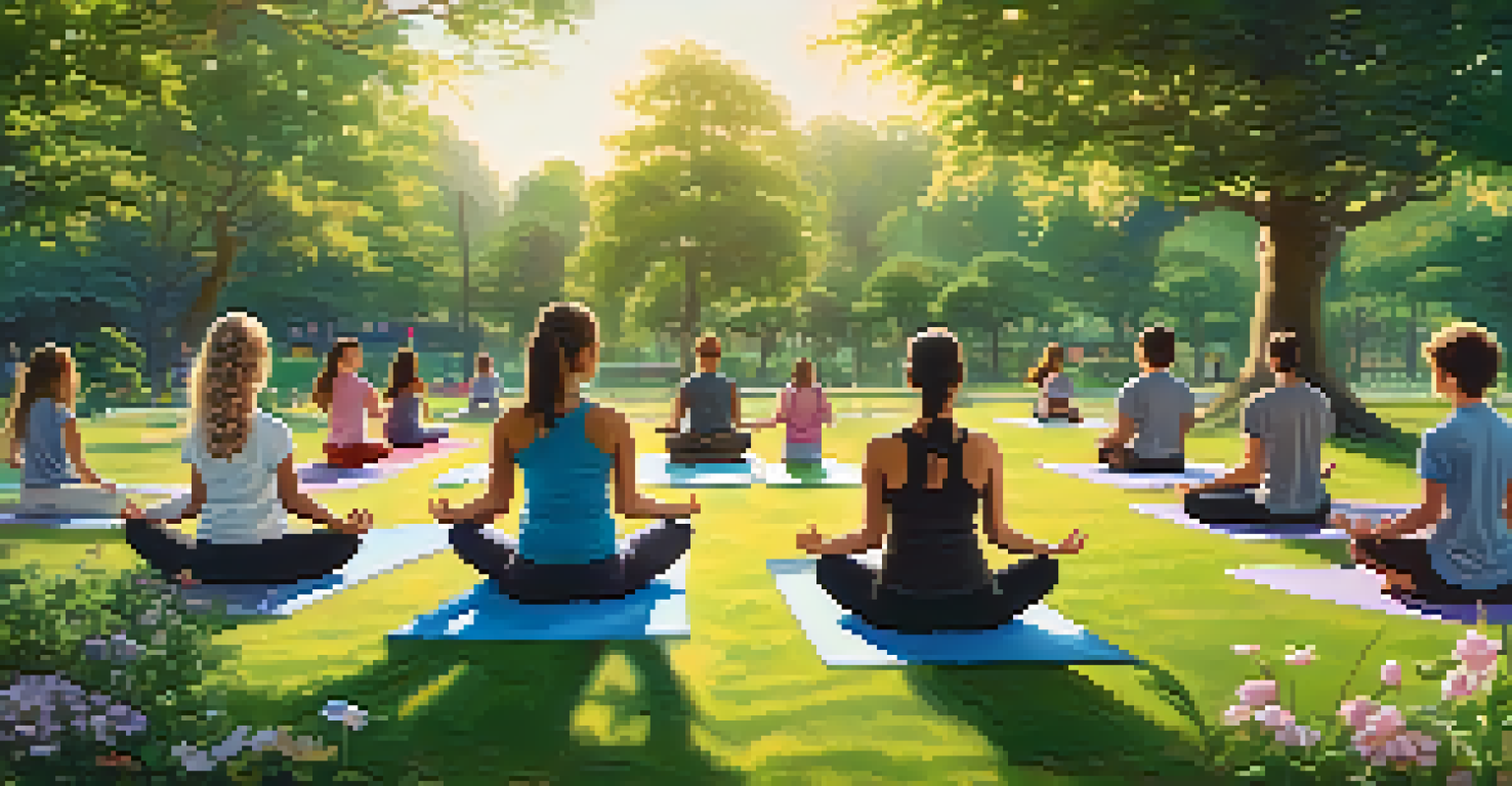 A peaceful park with a yoga class, surrounded by greenery and blooming flowers.