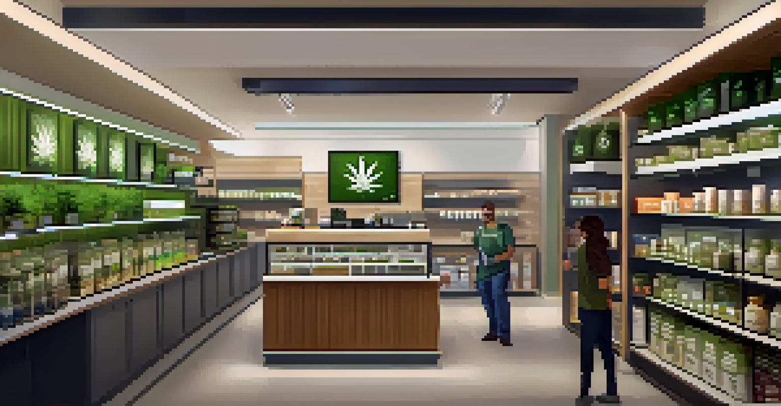 A modern marijuana dispensary interior with shelves stocked with cannabis products and a staff member helping a customer.