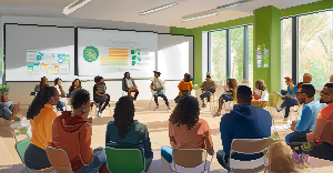 A diverse group of people in a community meeting discussing cannabis social equity, with colorful banners and a whiteboard.