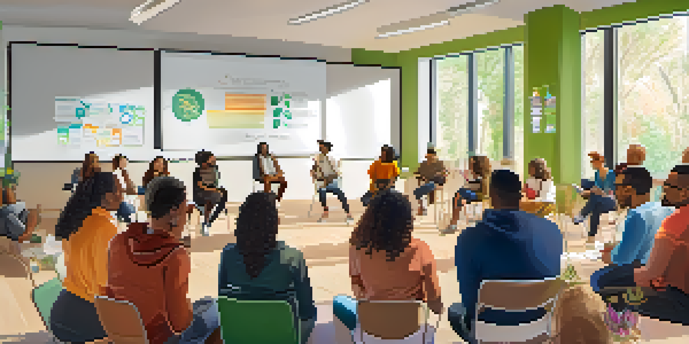 A diverse group of people in a community meeting discussing cannabis social equity, with colorful banners and a whiteboard.
