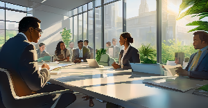 A diverse group of employees discussing marijuana workplace policies in a bright and modern office.
