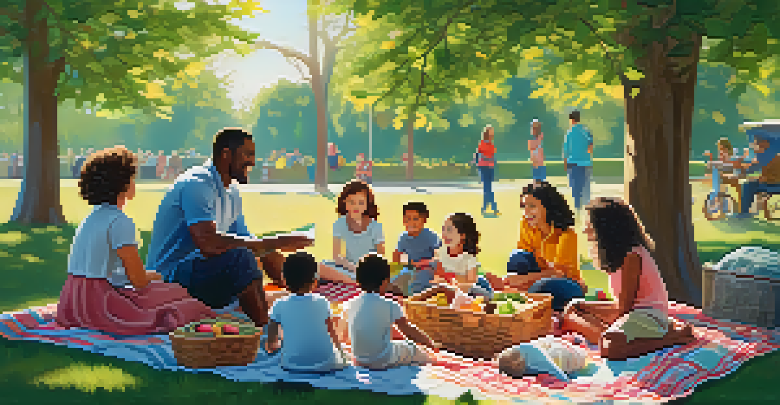 A diverse group of families enjoying a picnic in a sunny park, engaging in open discussions.