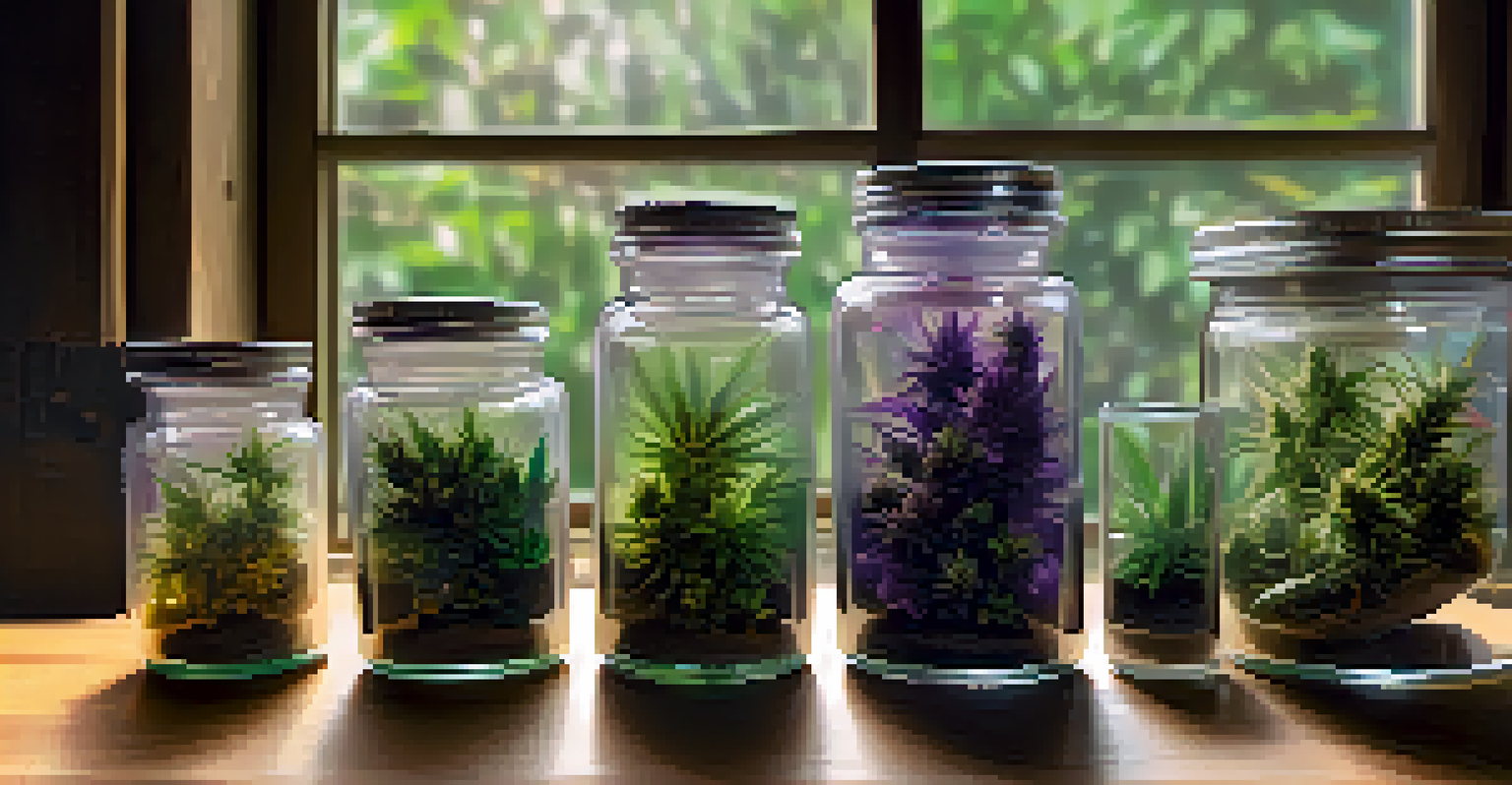 Various marijuana strains displayed in glass jars on a wooden table, with natural light enhancing their vibrant colors.