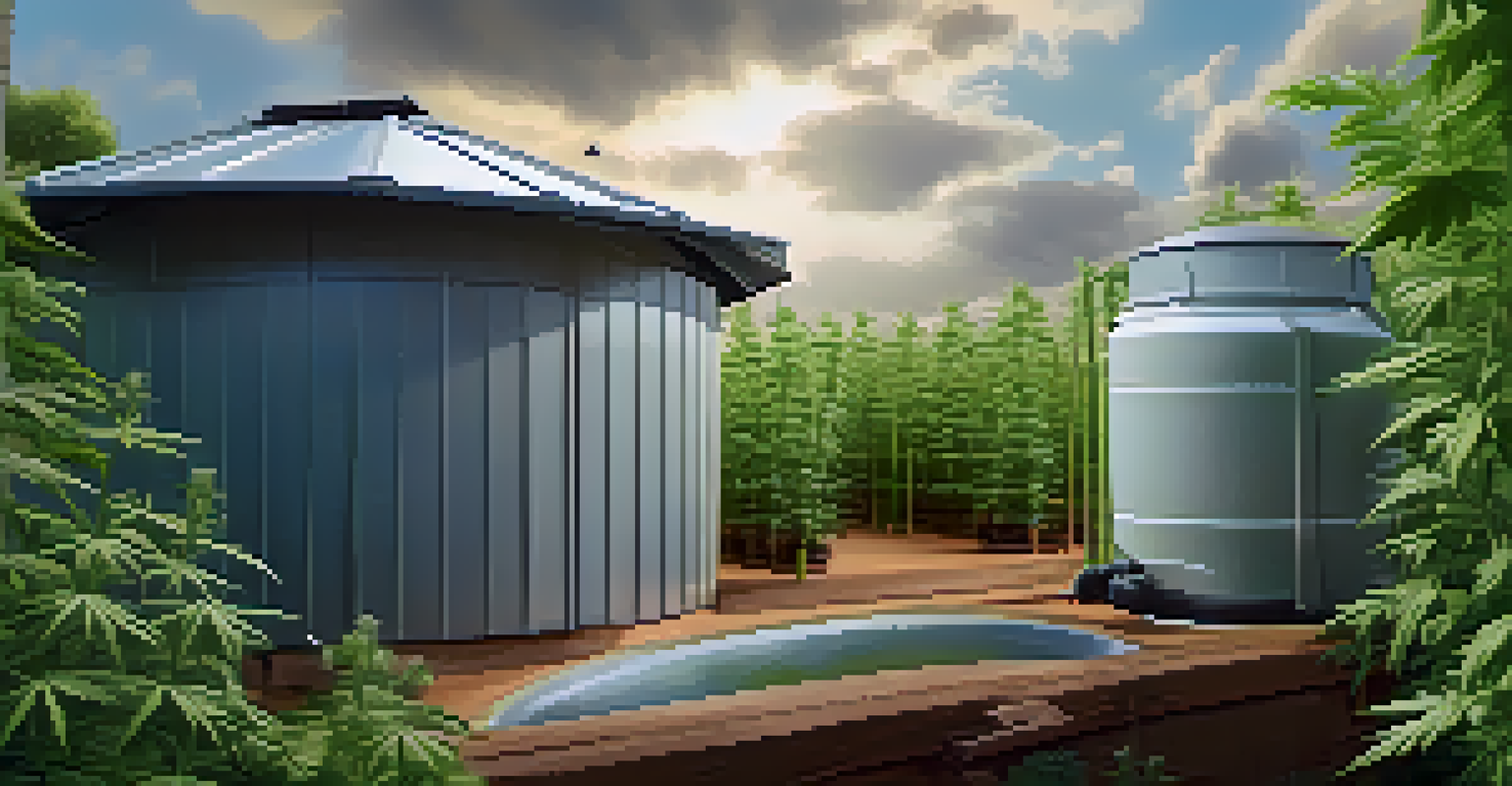 A cannabis farm featuring rain barrels collecting rainwater, surrounded by thriving plants under a partly cloudy sky.